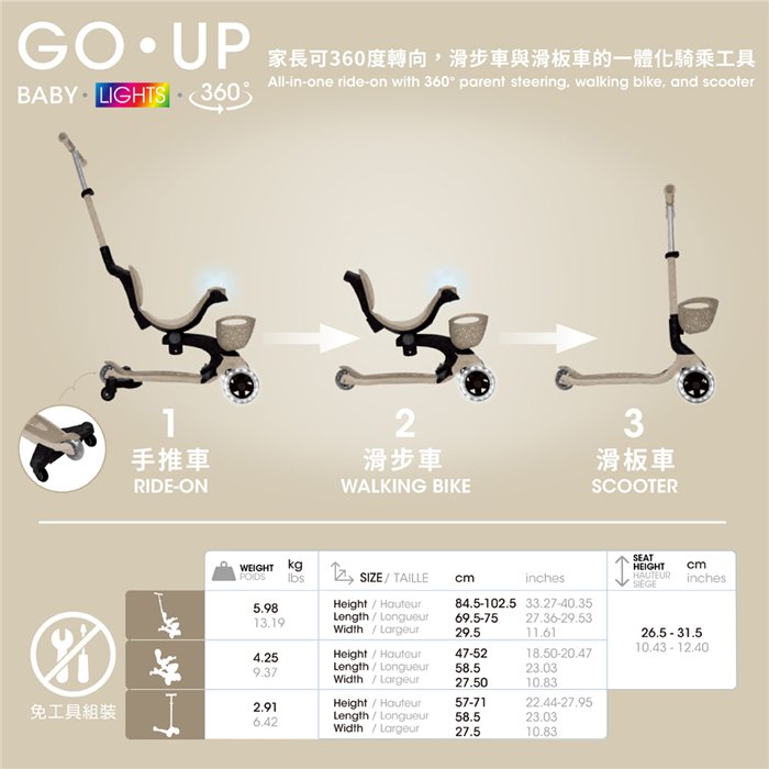 (全新品特價) GLOBBLER GO UP 360度 多功能滑板車(燕麥奶茶)